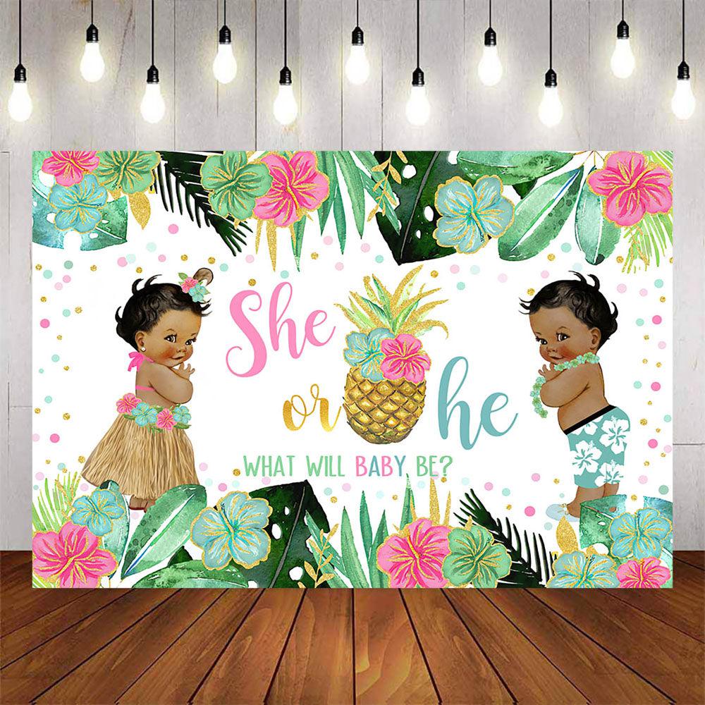 Mocsicka Hawaii Theme Pineapple She or He Gender Reveal Backdrop-Mocsicka Party