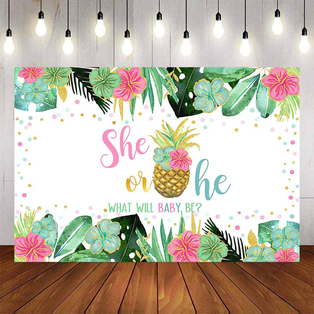 Mocsicka Hawaii Theme Pineapple She or He Gender Reveal Baby Shower Backdrop-Mocsicka Party