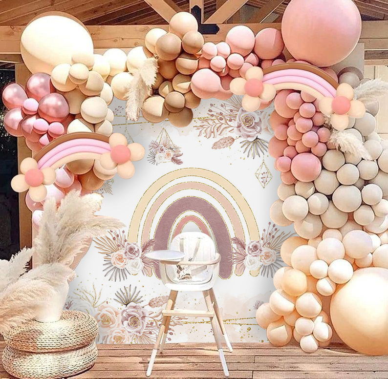Mocsicka Boho Rainbow and Flowers Happy Birthday Backdrop-Mocsicka Party