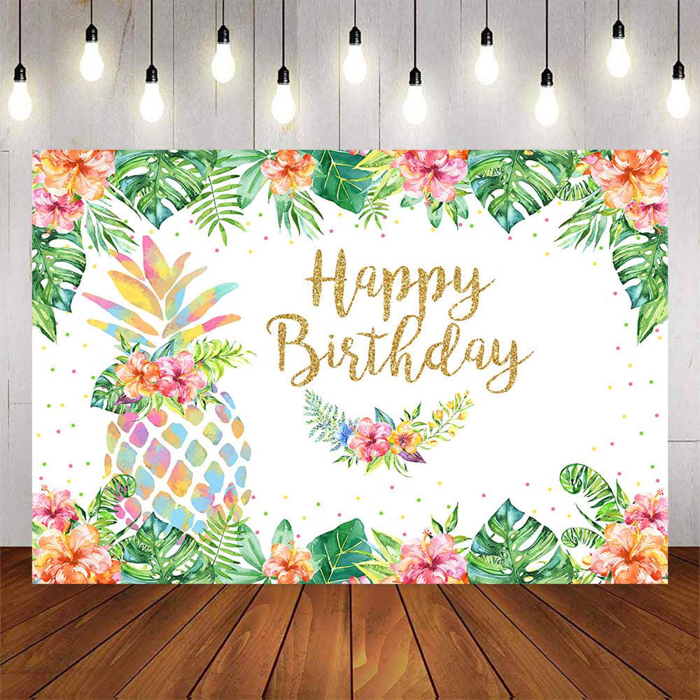 Mocsicka Pineapple and Plam Leaves Happy Birthday Backdrop-Mocsicka Party