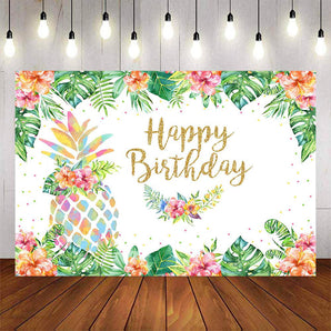 Mocsicka Pineapple and Plam Leaves Happy Birthday Backdrop-Mocsicka Party