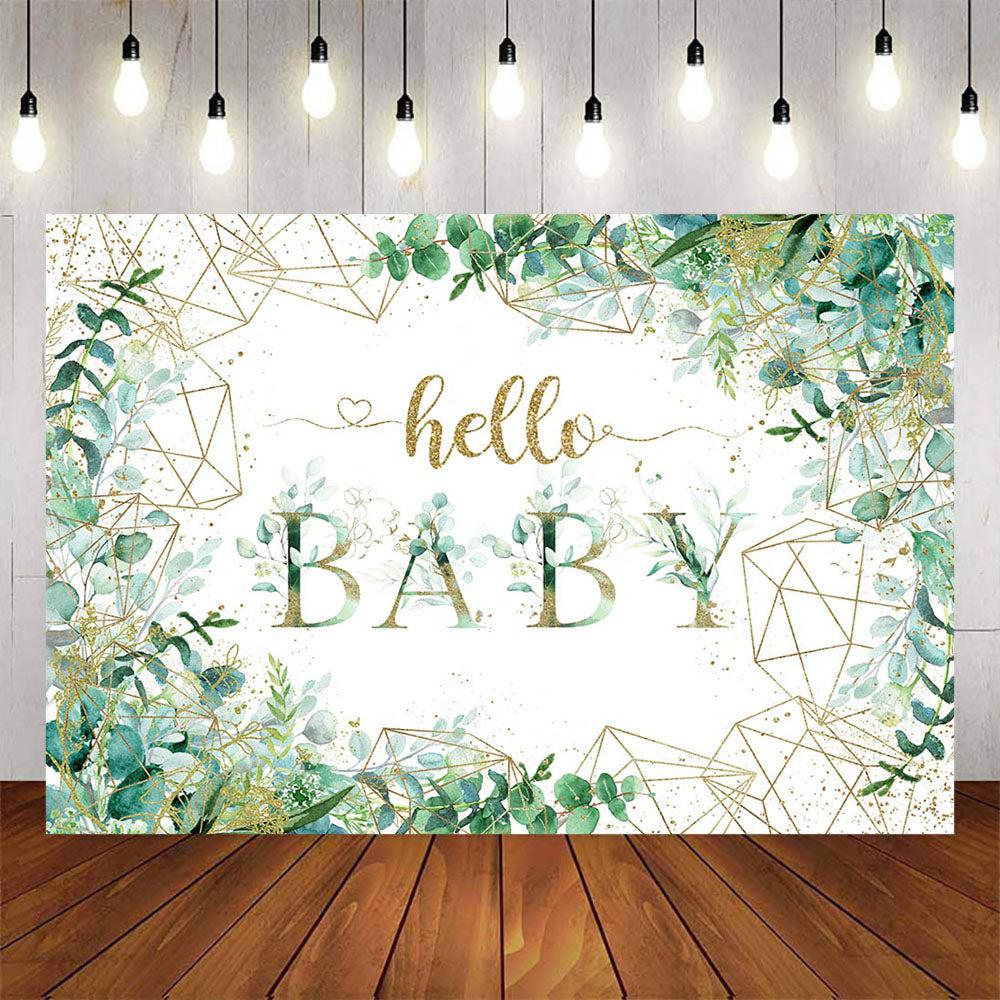 Mocsicka Green Leaves and Golden Lines Hello Baby Shower Backdrop-Mocsicka Party