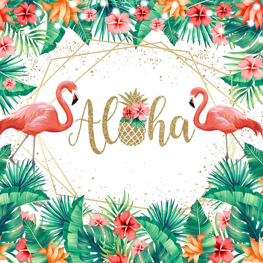 Mocsicka Flamingo and Plam Leaves Aloha Baby Shower Backdrop