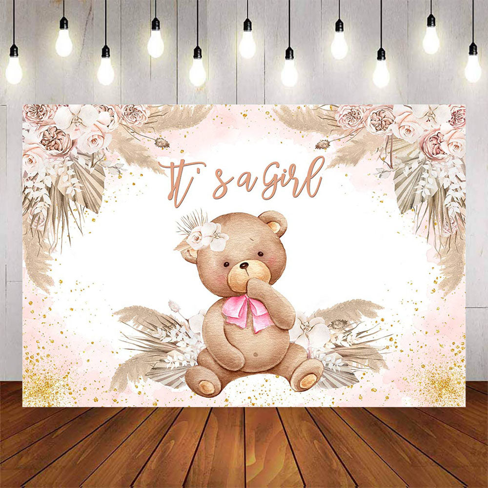 Mocsicka It's A Girl Little Bear and Flowers Baby Shower Backdrop-Mocsicka Party