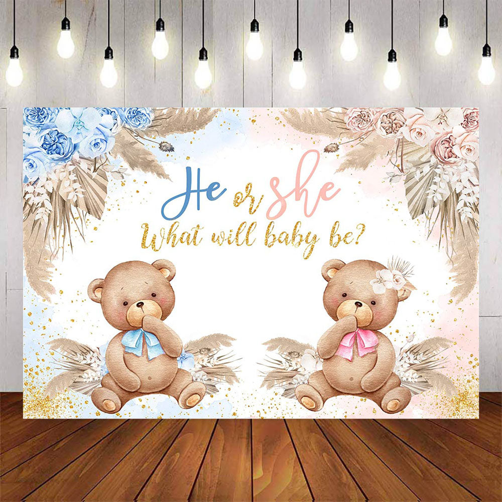 Mocsicka Little Bear and Flowers He or She Gender Reveal Backdrop-Mocsicka Party