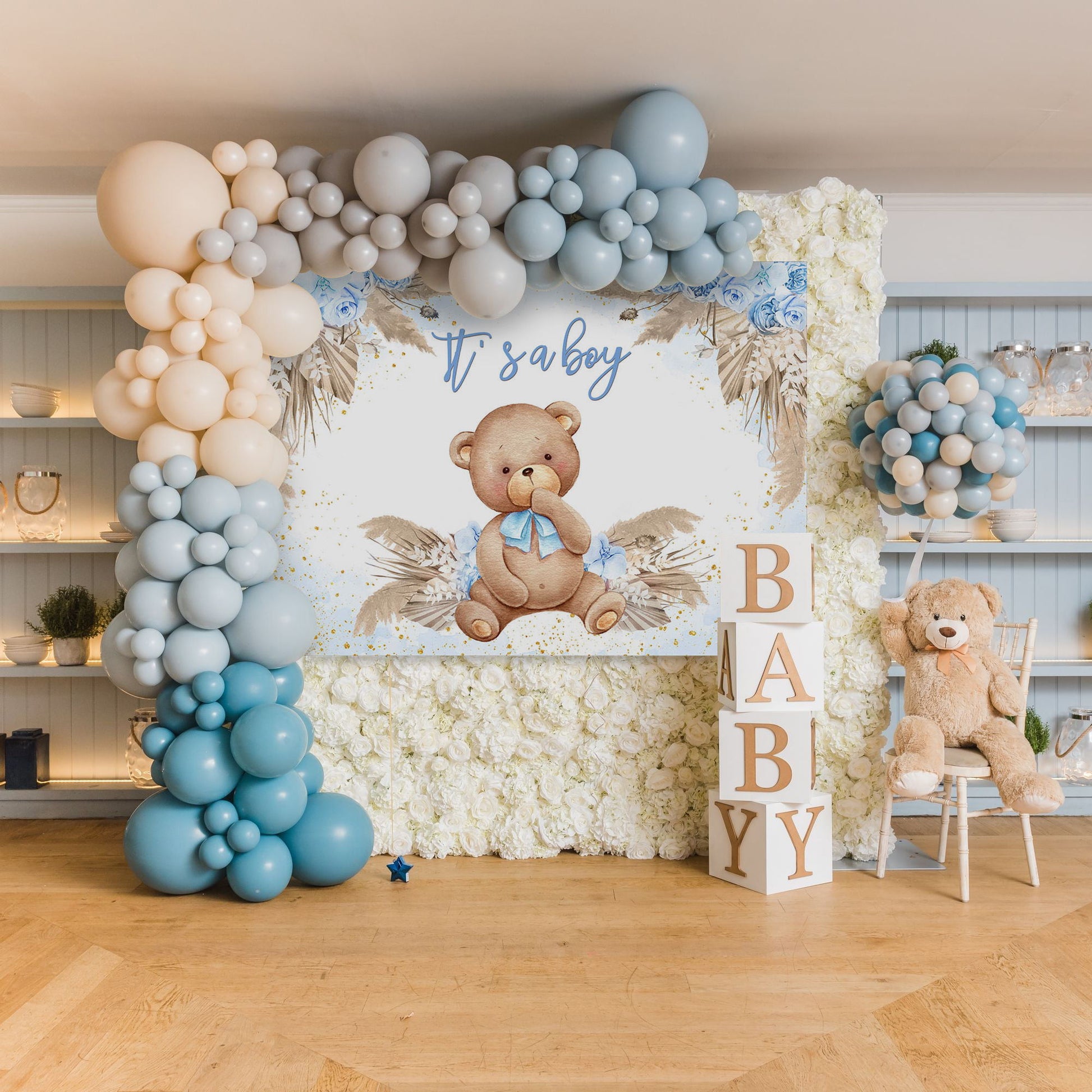 Mocsicka It's A Boy Little Bear and Blue Flowers Baby Shower Backdrop-Mocsicka Party