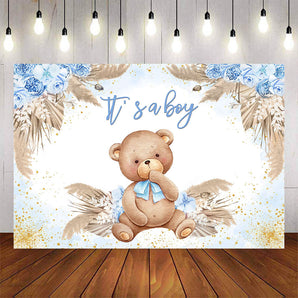 Mocsicka It's A Boy Little Bear and Blue Flowers Baby Shower Backdrop