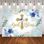 Mocsicka Blue Flowers and Gold Cross God Bless Baby Shower Backdrop-Mocsicka Party