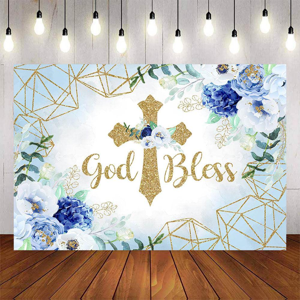 Mocsicka Blue Flowers and Gold Cross God Bless Baby Shower Backdrop-Mocsicka Party