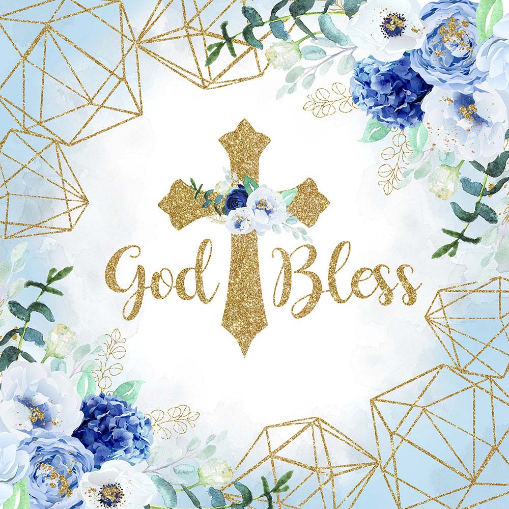 Mocsicka Blue Flowers and Gold Cross God Bless Baby Shower Backdrop