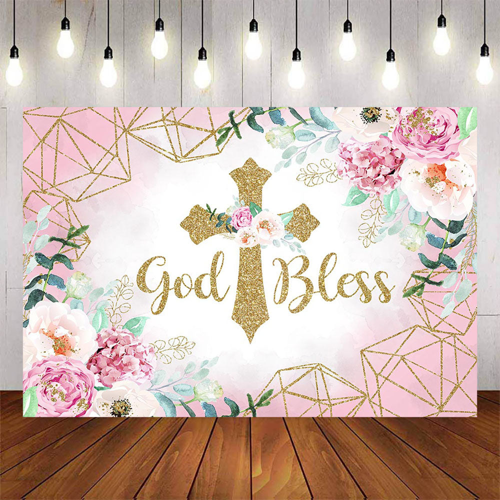 Mocsicka Pink Flowers and Gold Cross God Bless Baby Shower Backdrop-Mocsicka Party
