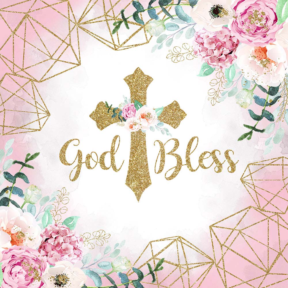Mocsicka Pink Flowers and Gold Cross God Bless Baby Shower Backdrop