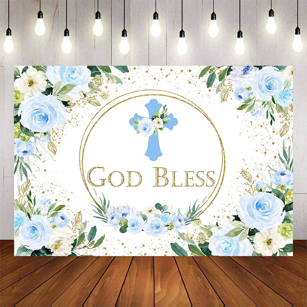 Mocsicka Blue Flowers and Cross God Bless Backdrop-Mocsicka Party