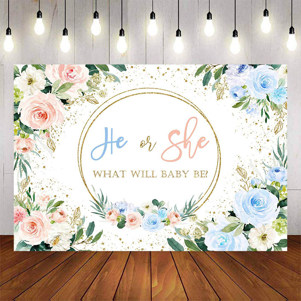 Mocsicka Pink and Blue Flowers He or She Gender Reveal Backdrop-Mocsicka Party