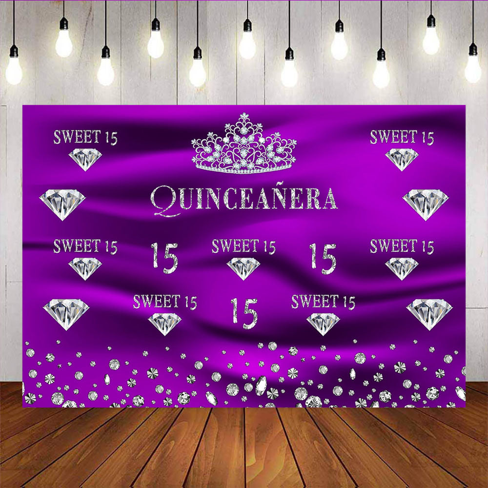 Mocsicka Sweet 15th Purple Backdrop Princess Sliver Crown Fifteen Birthday Party Props-Mocsicka Party