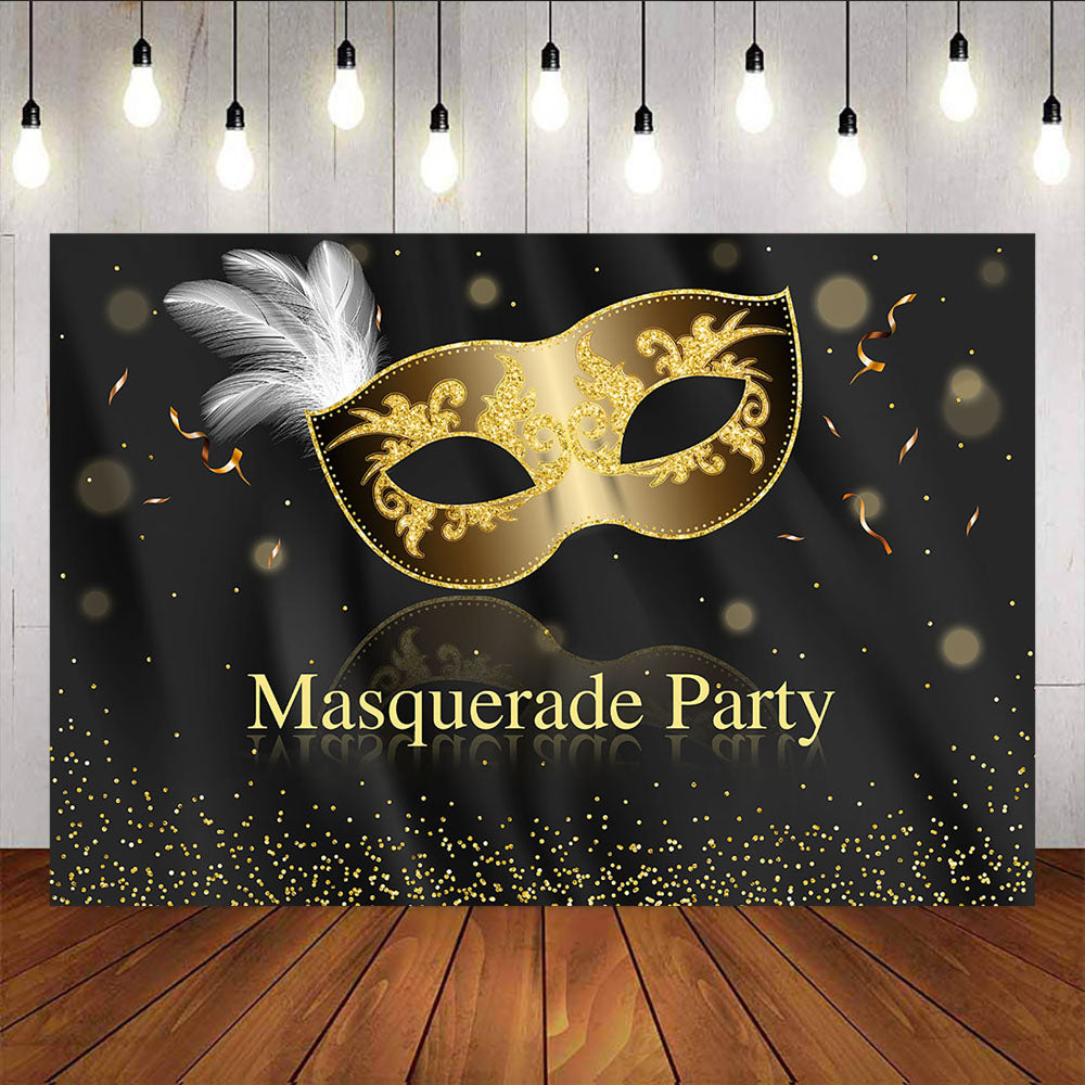Mocsicka Masquerade Party Backdrop Golden Mask White Feather Background-Mocsicka Party