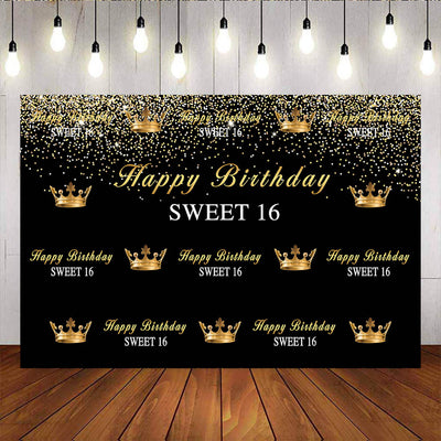 Mocsicka Happy Sweet 16th Birthday Party Decor Golden Dots and Crown Step and Repeat Backdrop-Mocsicka Party