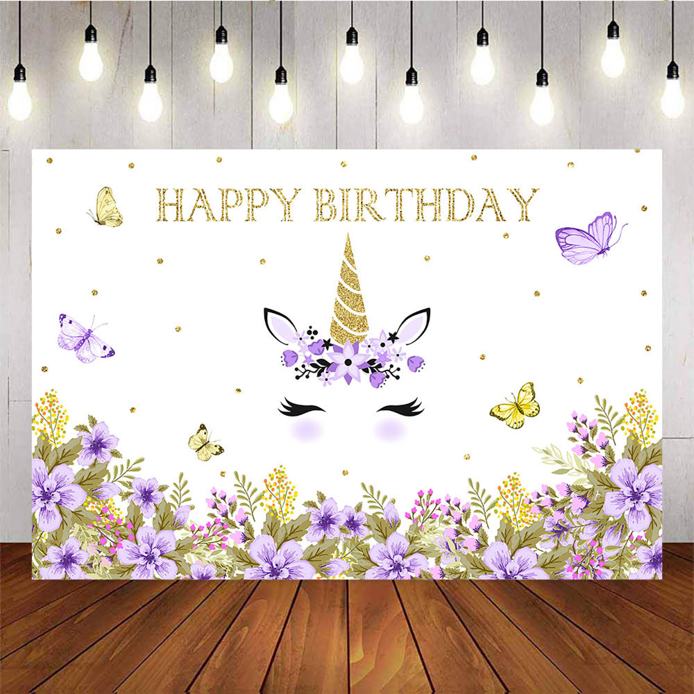 Mocsicka Unicorn Theme Birthday Party Supplies Purple Flowers and Butterflies Backdrop-Mocsicka Party