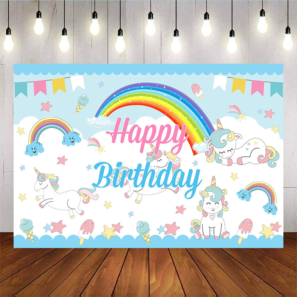 Mocsicka Cartoon Unicorn Happy Birthday Backdrop White Clouds Rainbow Background-Mocsicka Party