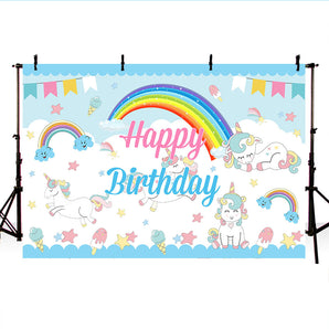 Mocsicka Cartoon Unicorn Happy Birthday Backdrop White Clouds Rainbow Background