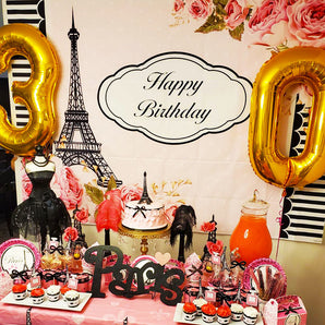 Mocsicka Eiffel Tower Birthday Backdrop Pink Flowers Personalized Photo Prop-Mocsicka Party