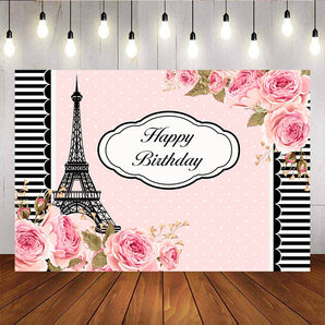 Mocsicka Eiffel Tower Birthday Backdrop Pink Flowers Personalized Photo Prop