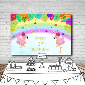Mocsicka Baby Flamingo Happy 1st Birthday Party Decor Prop Palms Tree Rainbow Backdrop-Mocsicka Party