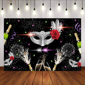 Mocsicka Masquerade Party Backdrop Silver Mask Champagne Red Rose Back Ground-Mocsicka Party