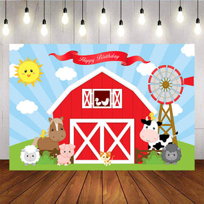 Mocsicka Farm Theme Birthday Backdrop Red House and Cute Animals Photo Prop