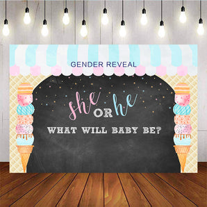 Mocsicka She or He Gender Reveal Backdrop Ice Cream Shop Baby Shower Back Drop-Mocsicka Party