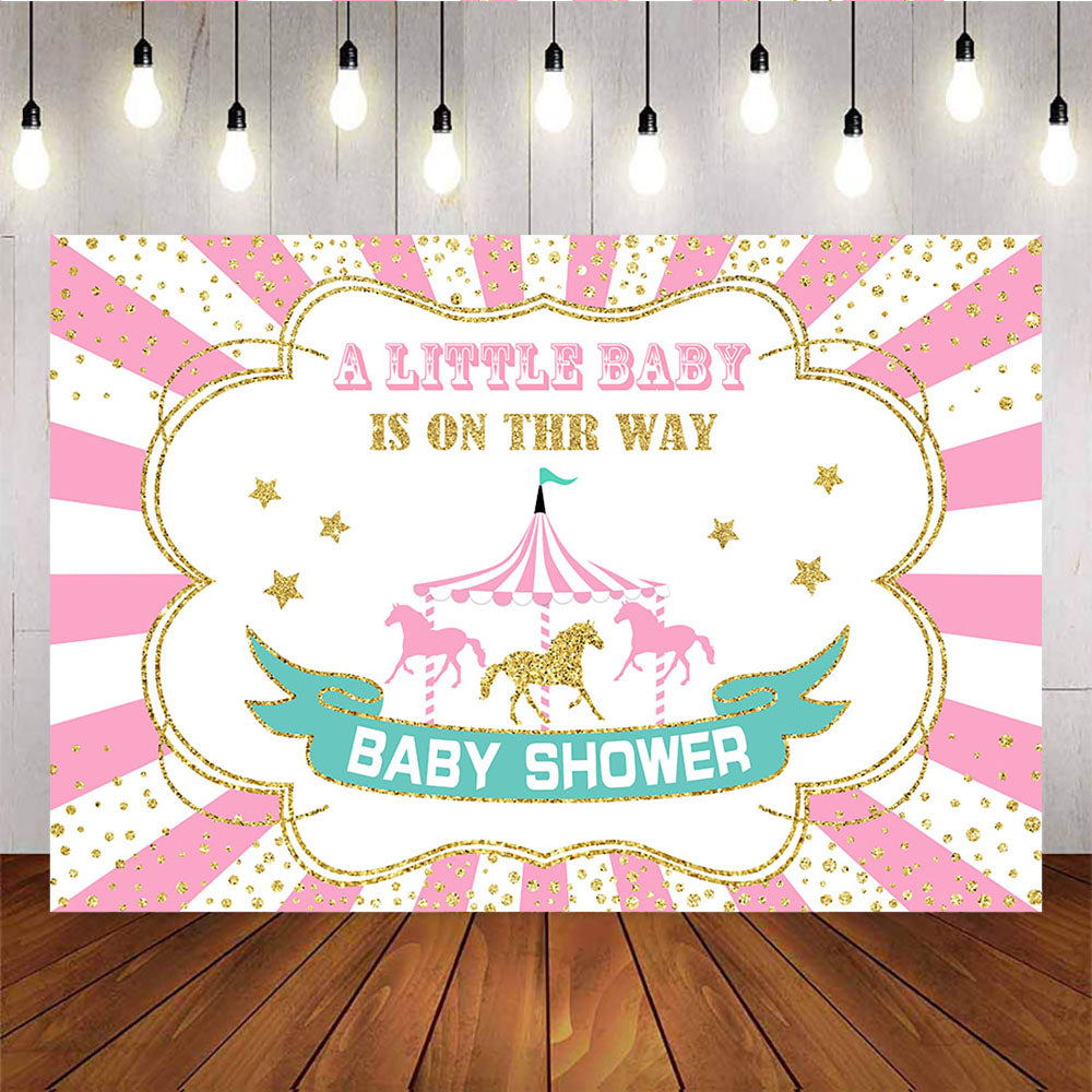 Mocsicka Carousel Baby Shower Backdrop Pink Stripes Golden Dots Circus Show Background-Mocsicka Party