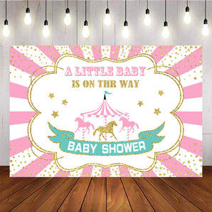 Mocsicka Carousel Baby Shower Backdrop Pink Stripes Golden Dots Circus Show Background-Mocsicka Party