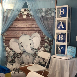 Mocsicka Elephant Baby Shower Backdrop Wooden and White Flowers Photo Back Drop-Mocsicka Party