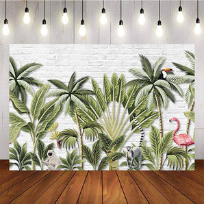 Mocsicka White Wall Palms Tree Background Pink Flamingo Birthday Party Decor-Mocsicka Party