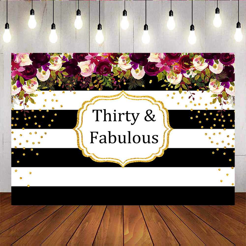 Mocsicka Fabulous Thirty Birthday Party Prop Stripes Flowers Gold Dots Backdrop-Mocsicka Party