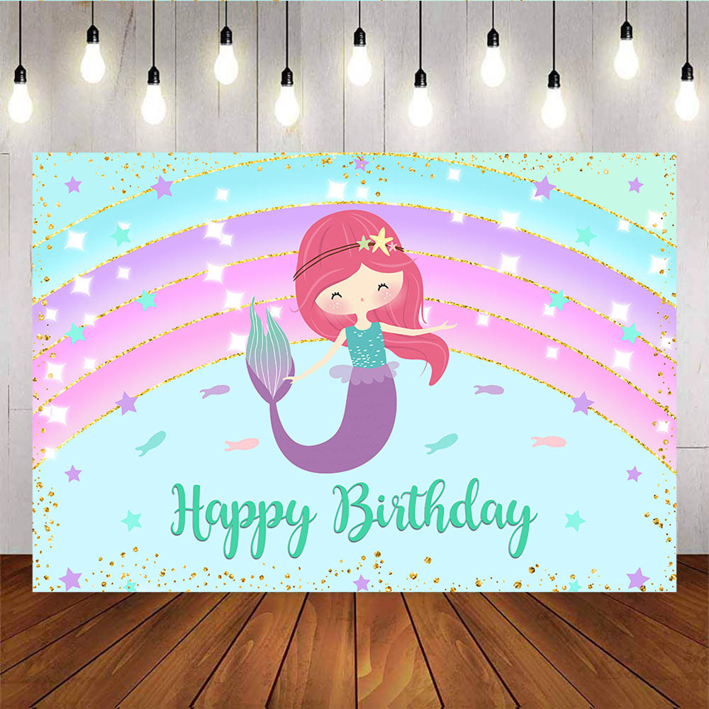 Mocsicka Little Mermaid Happy Birthday Backdrop Twinkle Stars Rainbow Photo Banners-Mocsicka Party
