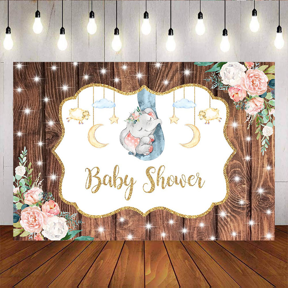 Mocsicka Sweet Little Elephant Baby Shower Party Props Wooden Plank Floral Background-Mocsicka Party