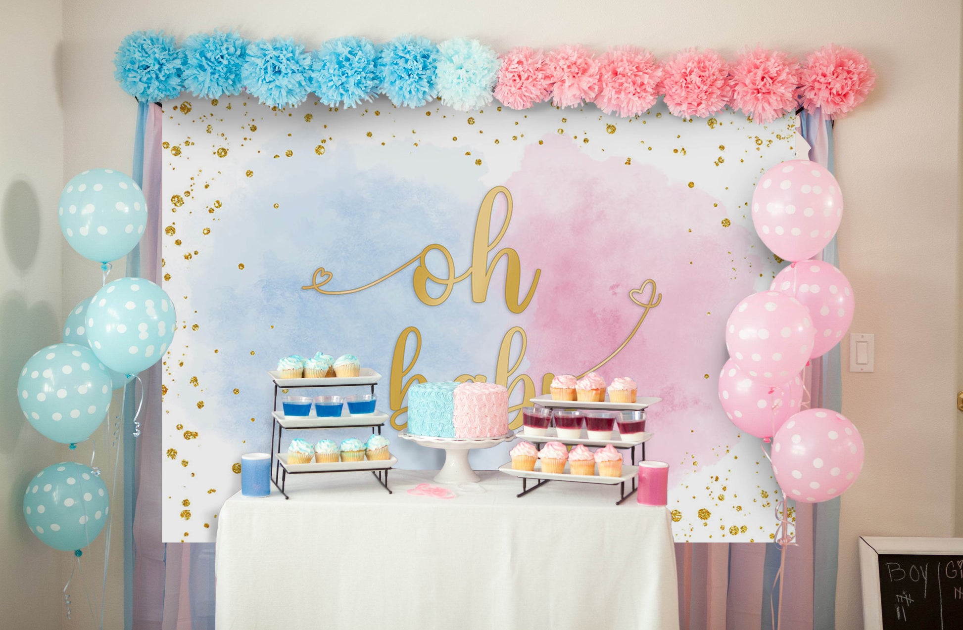 Mocsicka Blue and Pink Cloud Oh Baby Shower Party Backdrop-Mocsicka Party