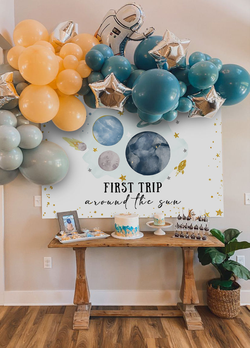 Mocsicka Colorful First Trip Around the Sun Blue Planet Baby Shower Backdrop-Mocsicka Party