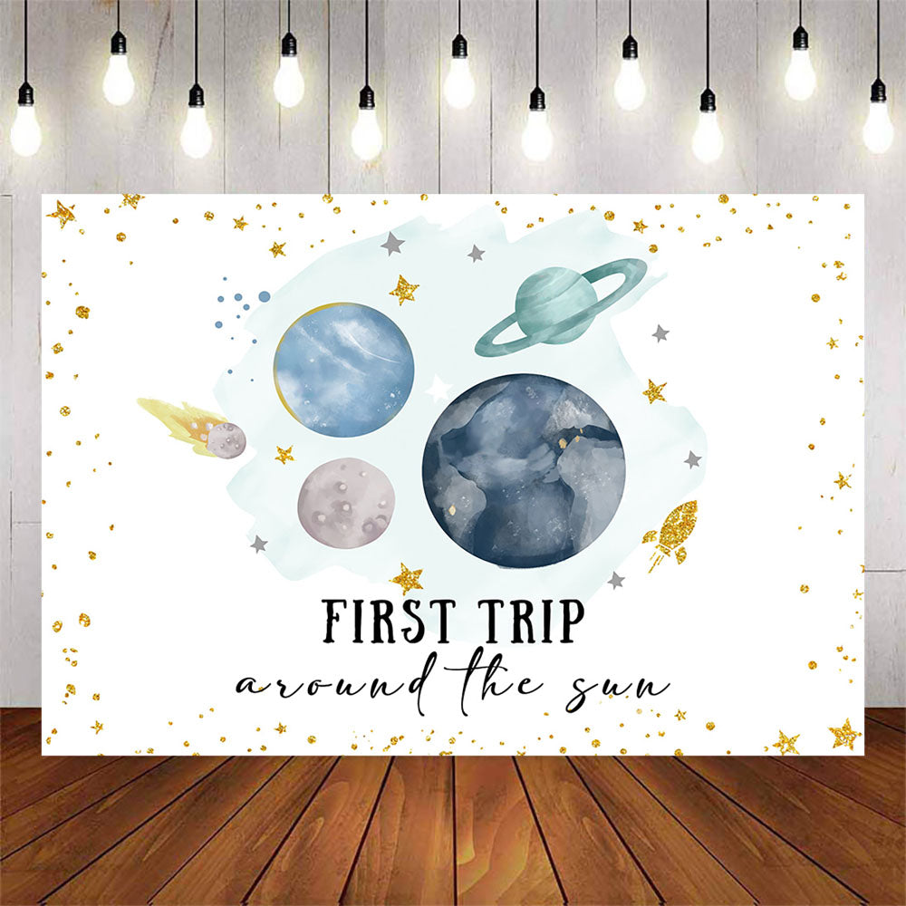 Mocsicka Colorful First Trip Around the Sun Blue Planet Baby Shower Backdrop
