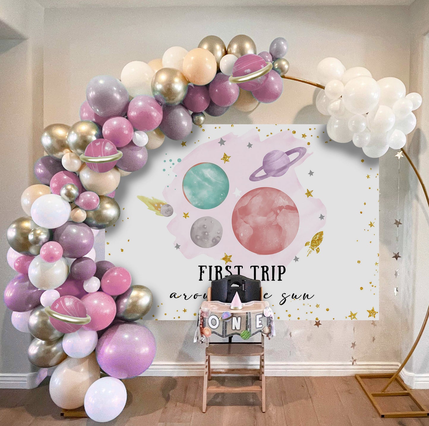 Mocsicka Colorful First Trip Around the Sun Pink Planet Baby Shower Backdrop-Mocsicka Party