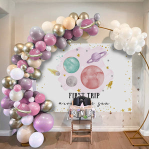 Mocsicka Colorful First Trip Around the Sun Pink Planet Baby Shower Backdrop-Mocsicka Party