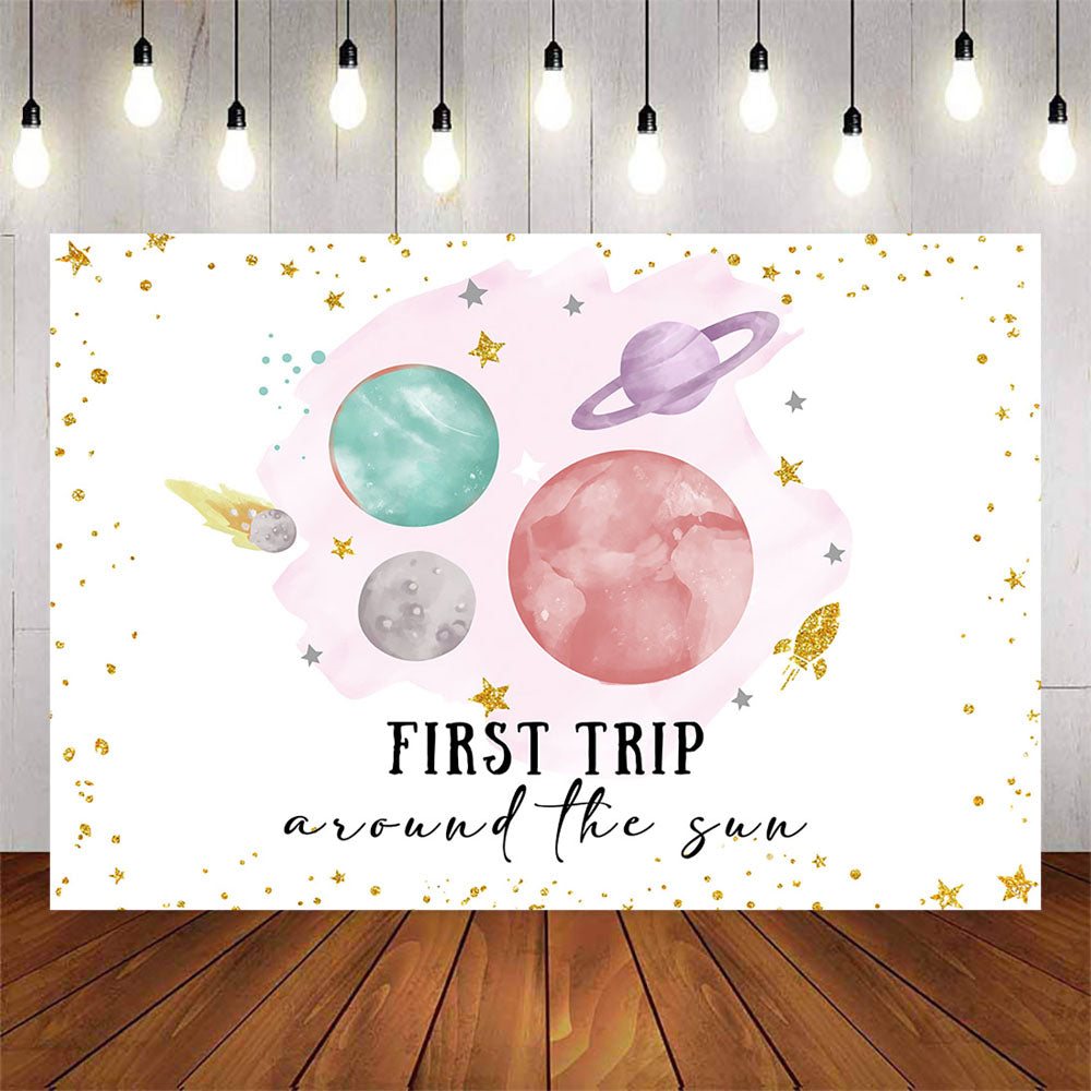 Mocsicka Colorful First Trip Around the Sun Pink Planet Baby Shower Backdrop