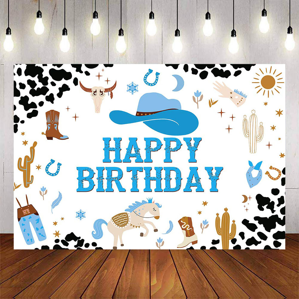 Mocsicka Party Cowboy Blue Happy Birthday Backdrop