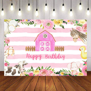Mocsicka Farm Theme Pink Barn and Stripes Happy Birthday Backdrop-Mocsicka Party