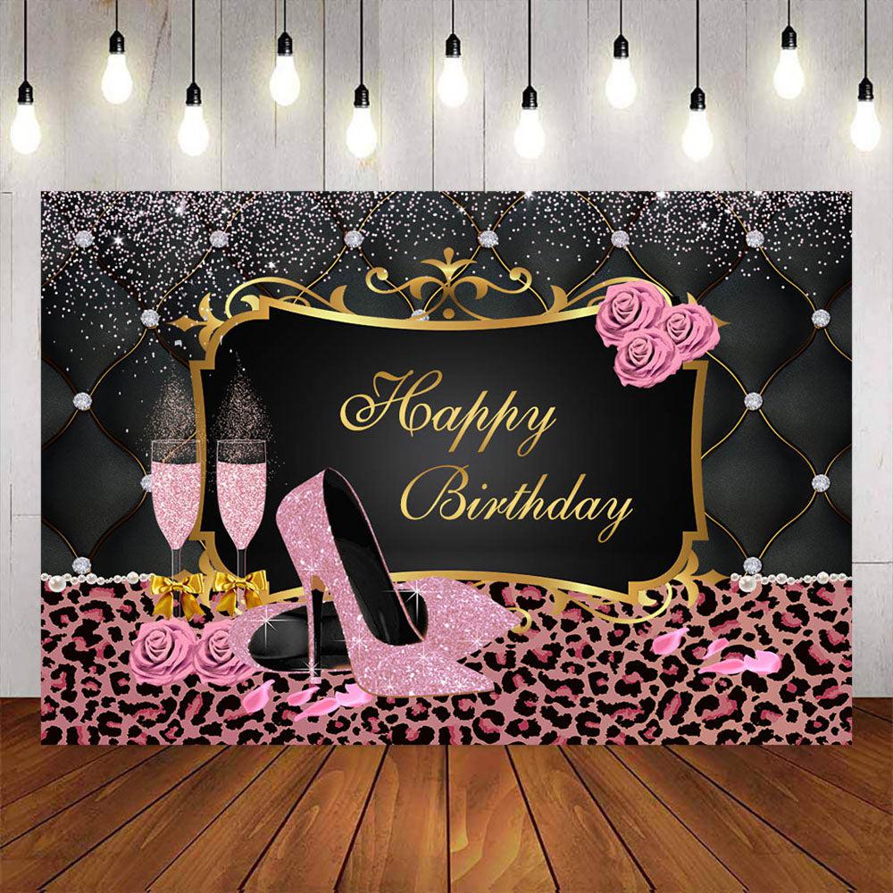 Mocsicka Pink leopard and Champagne Rose Happy Birthday Backdrop-Mocsicka Party