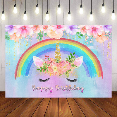 Mocsicka Rainbow and Flowers Unicorn Happy Birthday Backdrop-Mocsicka Party