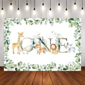 Mocsicka Wild Animals and Green Leaves Happy 1st Birthday Backdrop-Mocsicka Party