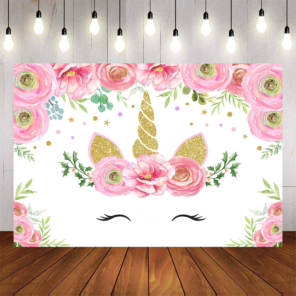 Mocsicka Pink Flowers and Unicorn Happy Birthday Party Backdrop-Mocsicka Party