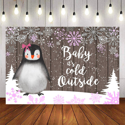 Mocsicka Girl Penguin and Snowflakes Baby Shower Backdrop-Mocsicka Party